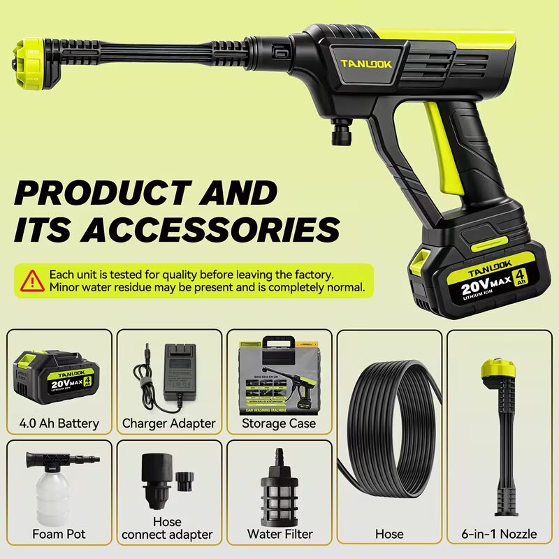 Wireless car washer accessories laid out: two 4000mAh batteries, charger adapter, storage case, foam pot, hose connect adapter, water filter and coiled hose