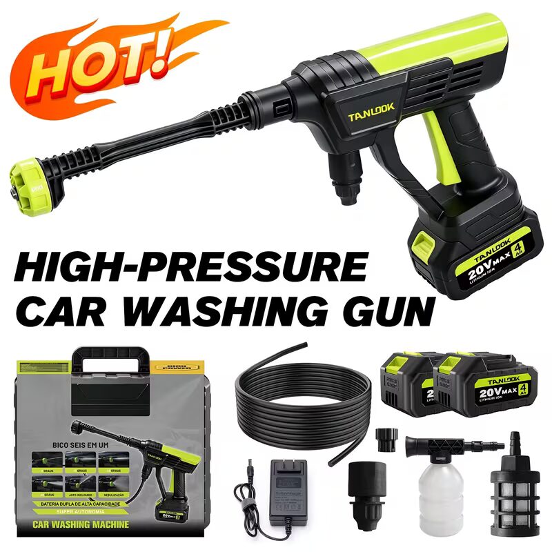 Cordless high-pressure car washing gun with battery pack, hose and charging accessories