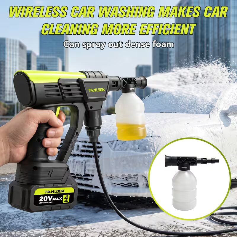 Wireless high-pressure car washer spraying thick foam over a car during a cordless foam cannon car wash