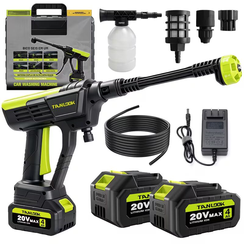 Full wireless car washer kit including battery, storage case, hose, foam pot and interchangeable nozzles for fence and terrace cleaning