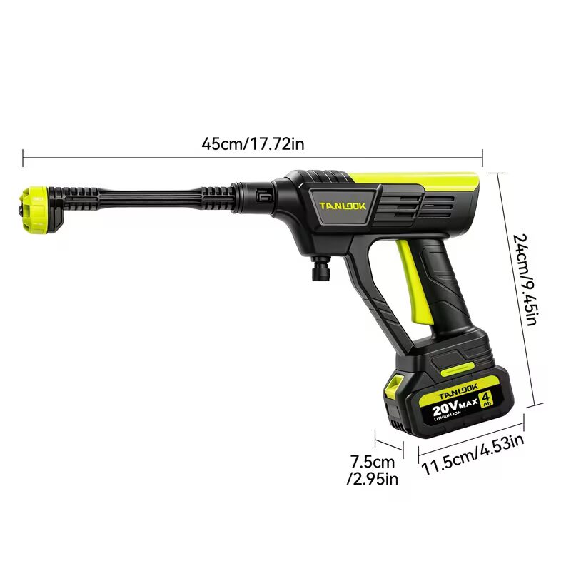 Wireless high-pressure car washer dimensions diagram: 45 centimeters long, 24 centimeters tall, 11.5 centimeter grip width