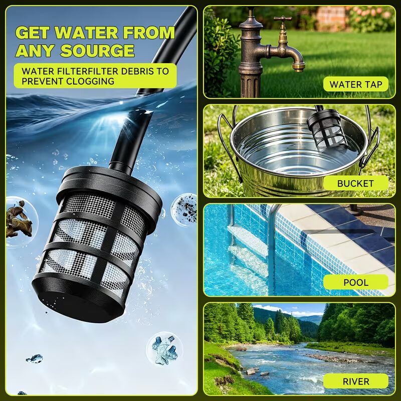 Wireless car washer water intake filter shown drawing water from a tap, a bucket, a pool and a river